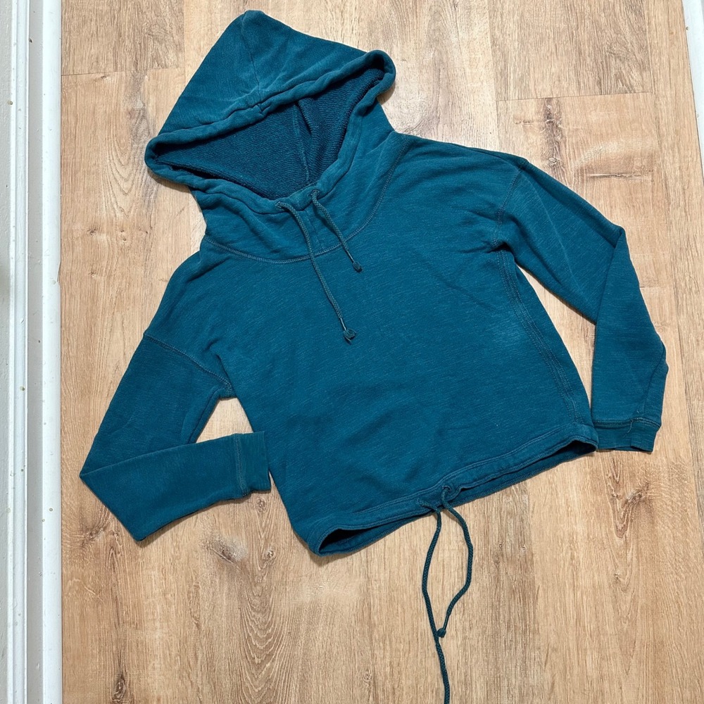 AERIE | Woman's Teal Blue Drawstring Cowl Neck Crop Hoodie Sweatshirt, Size XS